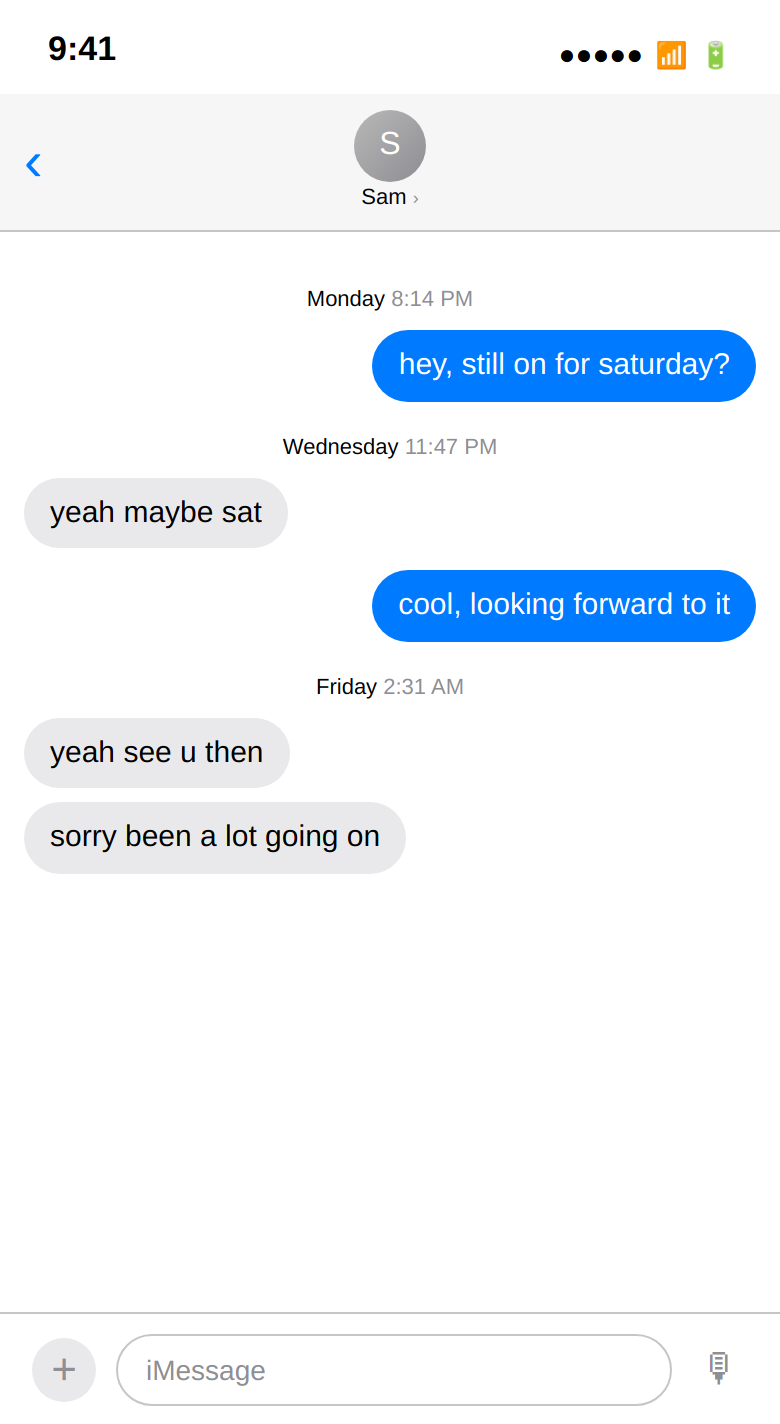 A short iMessage exchange about weekend plans — the conversation analyzed below.